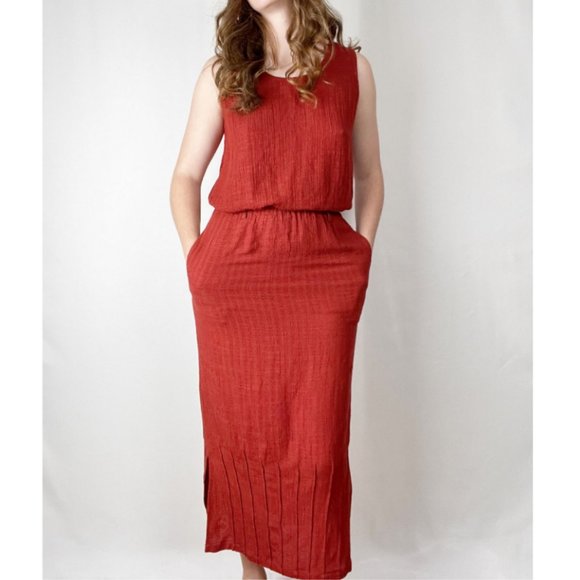 Vintage Linen Matching Skirt Set Midi Maxi Tank Top Tunic Blouse Pleats Bohemian - Picture 4 of 6